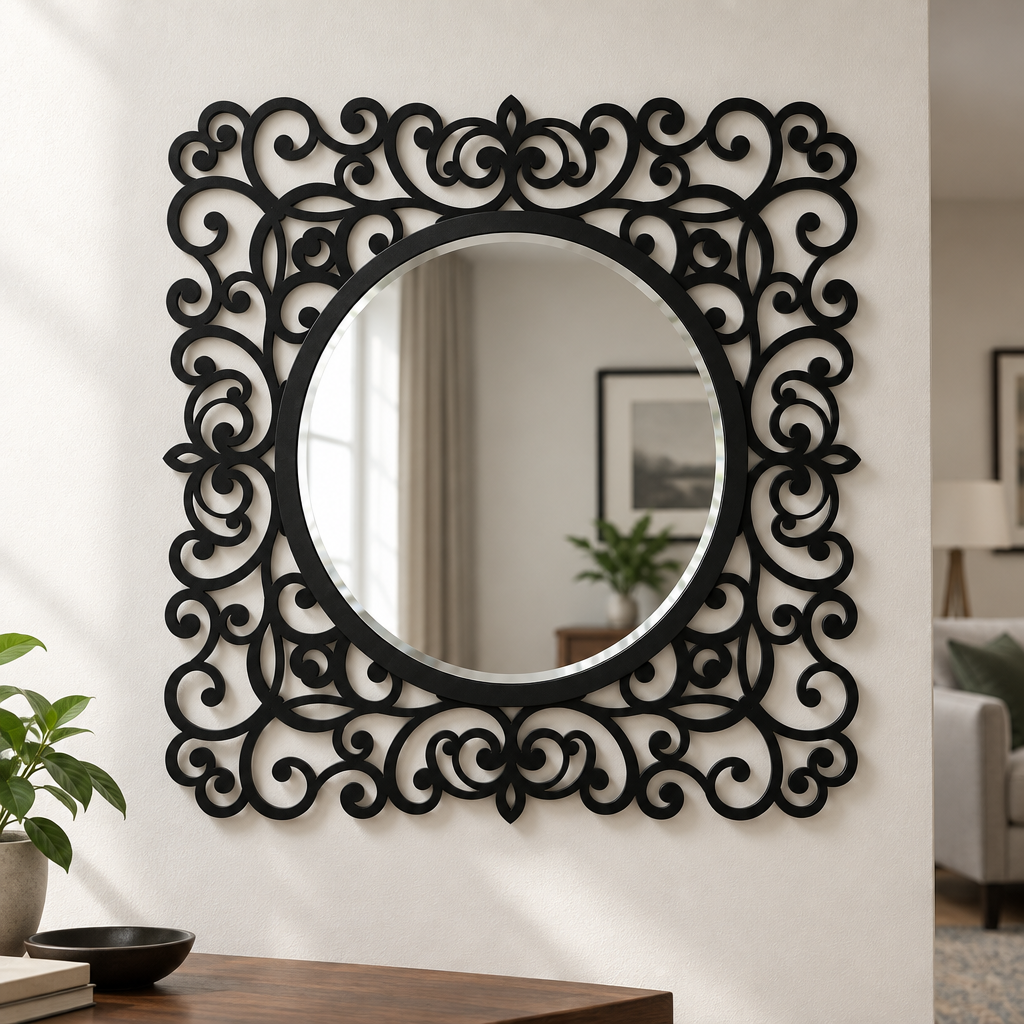 Llave griega redonda decorativa Espejo De Pared – Decoración de pared con espejo clásico moderno