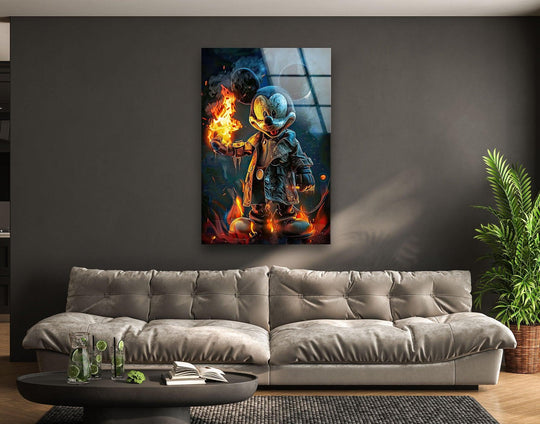 Vertical rectangular art from glass showcases a dark hero with fiery elements, adding bold energy and modern style.