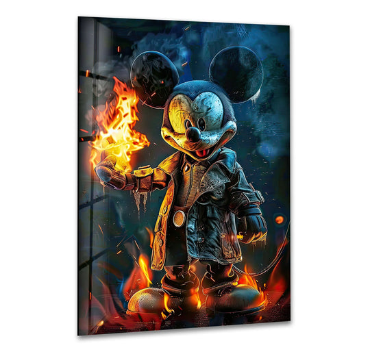 Showcasing the high-quality glass wall artwork, the dark hero glass art features an intense fiery figure with glowing embers, demonstrating excellent tempered glass production.