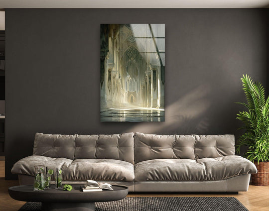 Awe-inspiring and serene, the Inside of Minas Tirith glass wall art prints create a mood of ethereal grandeur.