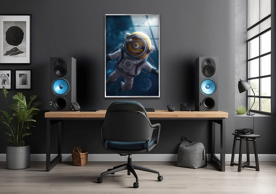 Tempered finish highlights the smooth surface of the cute space explorer character glass wall artwork, adding depth to its cosmic galaxy design.