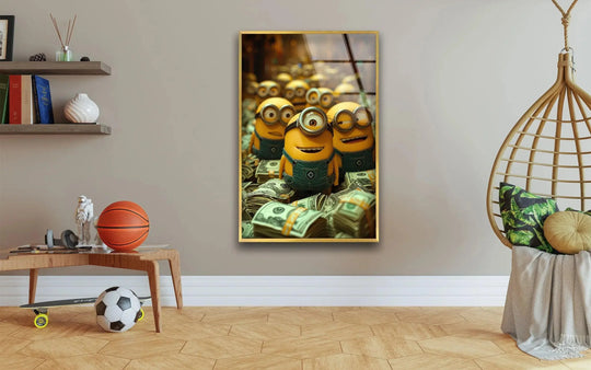 Vibrant color saturation enhances the playful scene of yellow cartoon characters amidst money in this eye-catching glass art, bringing a lively touch to any room.
