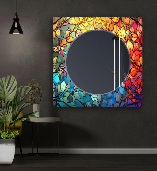 The square wall mirror features a colorful trees motif a stained finish and vibrant colors and is perfect for stained glass mirror art and nature inspired decor