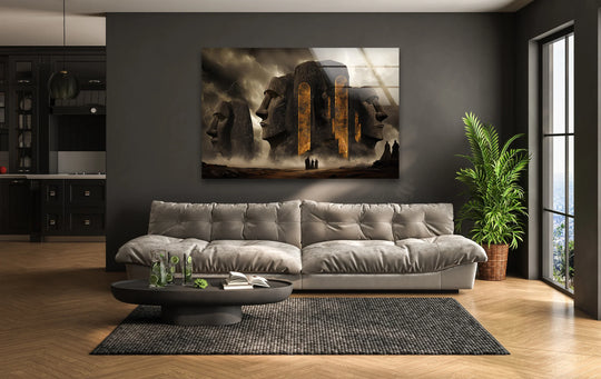Sharp color contrast accentuates the dramatic Stonehenge glass wall art decor, highlighting the mystical monument against the dark backdrop.