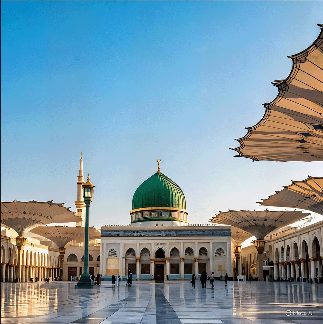 Peaceful Islamic wall art with green dome and minarets