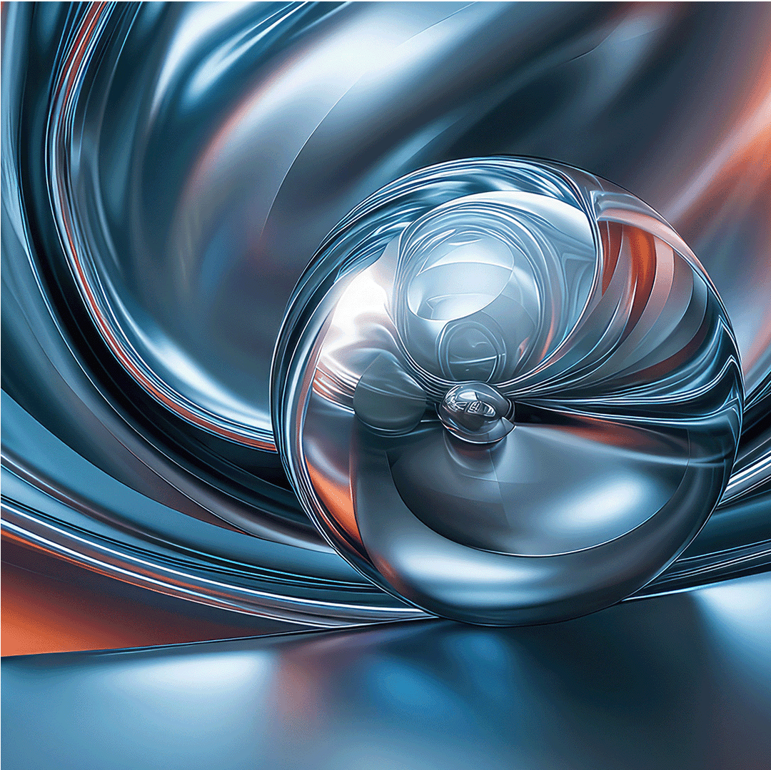 Chromatic Sphere Drift – Abstract Blue Silver Orb Glass Wall Art