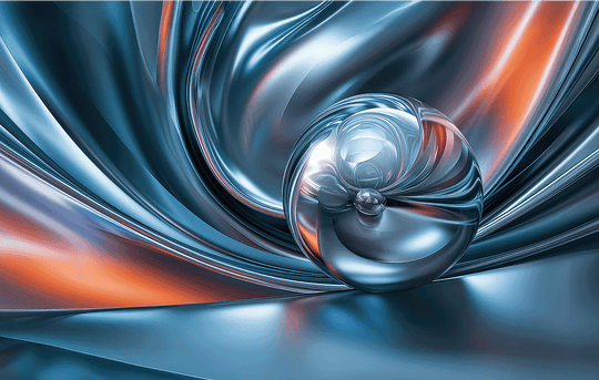 A polished chrome sphere transitions from cool sapphire blue to fiery orange amidst flowing abstract waves, creating a captivating print wall art.
