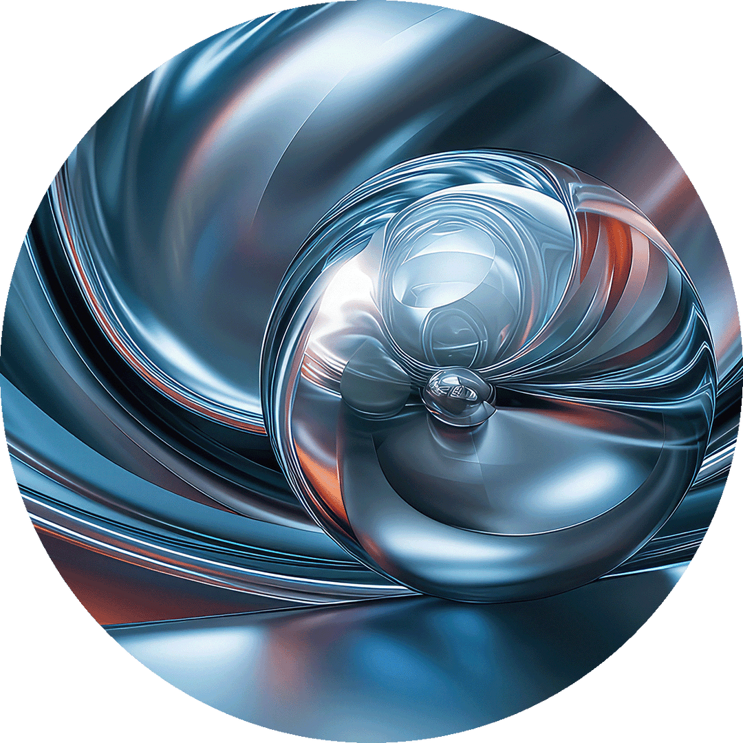 Chromatic Sphere Drift – Abstract Blue Silver Orb Glass Wall Art
