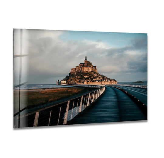 Highlighting the sky, the Mont Saint-Michel scenic view in glass wall art prints captures a stunning iconic French landmark bathed in the soft, diffused light.