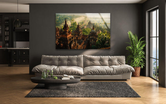 The swirling mist in this monasteries scene creates a breathtaking sense of movement through the glass wall art decor, drawing the eye to the temples.