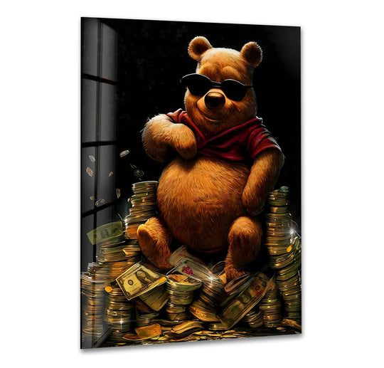 The realistic detail showcases a cool bear amidst a money hustle in this vibrant glass art painting, providing a stunning, luxurious focal point.