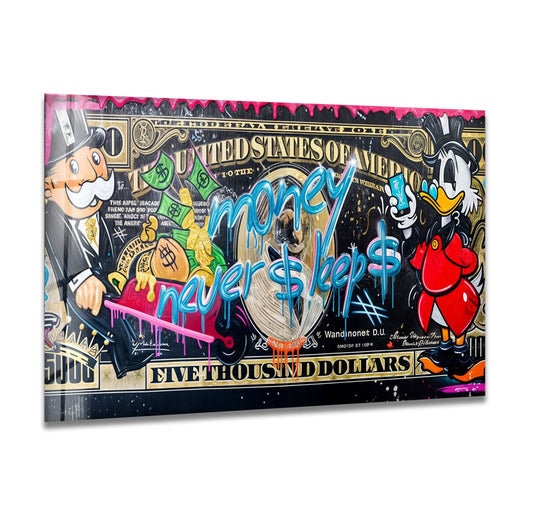Art from glass depicting a stylized Monopoly Man and Scrooge McDuck against a backdrop of dollar bills and graffiti that leaves ample negative space.