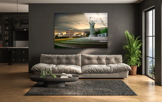 Highlighting the strong geometric lines of the plaza and monument in this glass art painting, the Saint Cyril and Saint Methodius glass wall art adds depth.