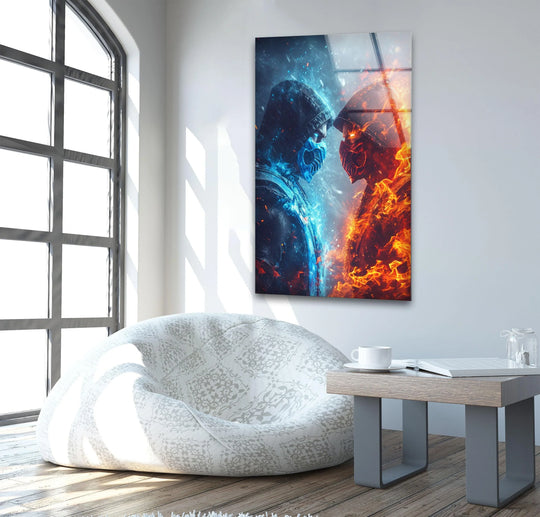 Video Game glass wall art blue and red design and Mortal Kombat Sub Zero versus Scorpion glass art painting plus wall art decor