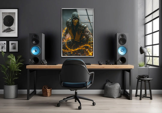 Fiery tendrils seem to writhe around the figure, making this 'Masked Fire Warrior' decorative wall art surge with electric motion in the modern workspace.
