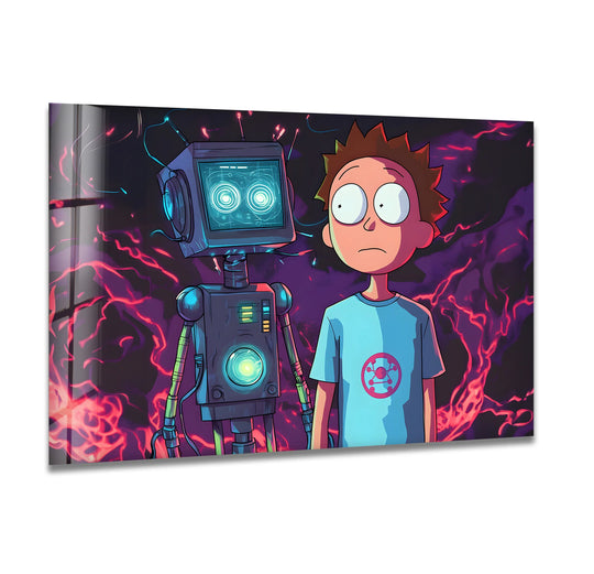 Geometric shapes define this colorful robot and boy cartoon in a futuristic design, creating an eye-catching glass wall art decor piece.