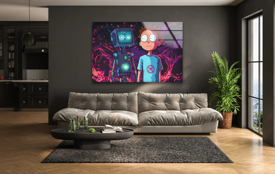Vibrant colors and a smooth surface highlight the sleek material quality of this glass art painting, showcasing a colorful robot and boy cartoon design.