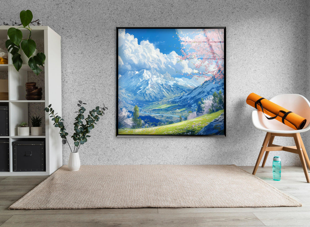"A stunning mountain view brought to life with 8K UV printing technology. Elevate your home with this modern glass wall art."

