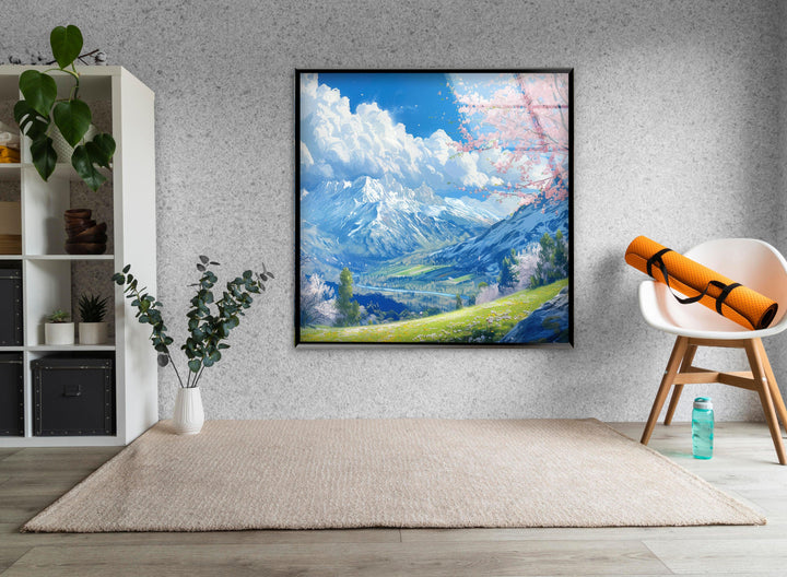 "A stunning mountain view brought to life with 8K UV printing technology. Elevate your home with this modern glass wall art."

