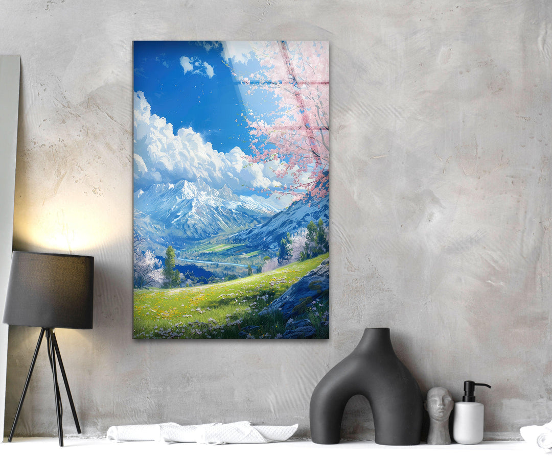 "Transform your space with the serenity of nature! This mountain landscape glass wall art combines vibrant colors with sleek design."

