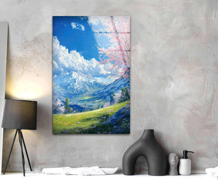 "Transform your space with the serenity of nature! This mountain landscape glass wall art combines vibrant colors with sleek design."

