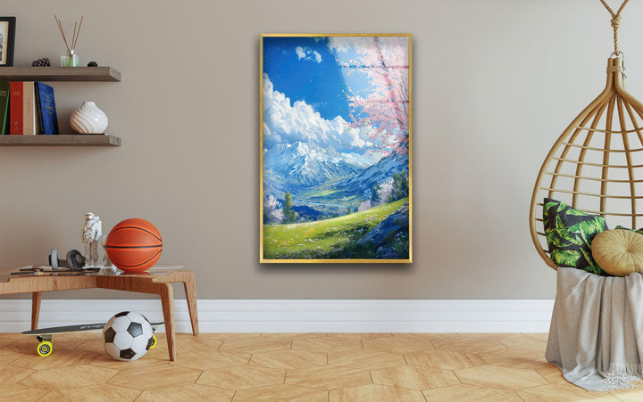 "Showcase your style! With customizable sizes and frame options, this mountain landscape glass wall art is tailored to your needs."

