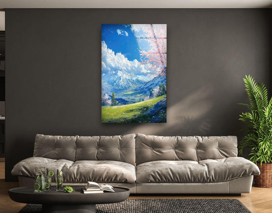 "Add life to your decor with this breathtaking mountain landscape glass wall art, printed in 8K quality for unmatched detail and vibrancy."

