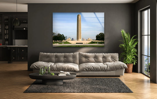 Atmospheric and contemplative, the room features decorative wall art showcasing the Liberty Memorial, reflecting a peaceful mood within the modern interior.