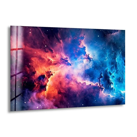 Abstract nebula universe glass wall art with vibrant, ethereal colors, a stunning wall print.