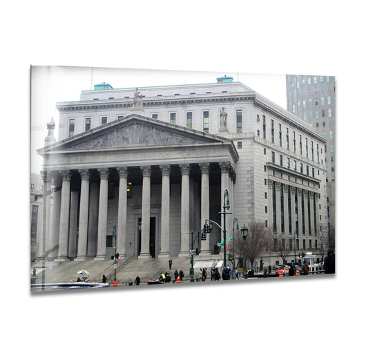Sunlight accentuates the monumental architecture of the New York Supreme Court in this captivating glass art, casting long shadows across its iconic facade.