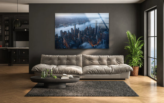 Smooth home decor defines the glossy surface of this Johannesburg At Night glass wall art, reflecting subtle light in the modern living room.