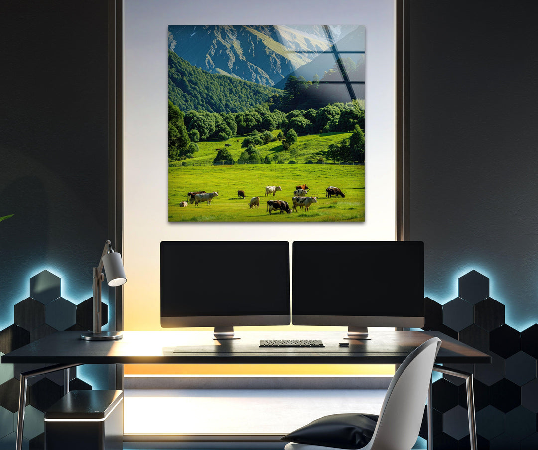 A stunning glass wall art print of a scenic alpine meadow with cows and towering peaks.
