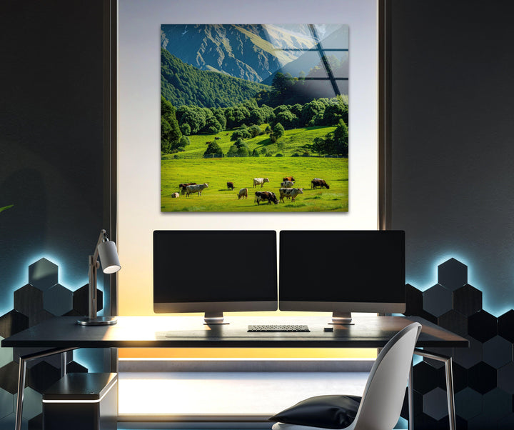 A stunning glass wall art print of a scenic alpine meadow with cows and towering peaks.
