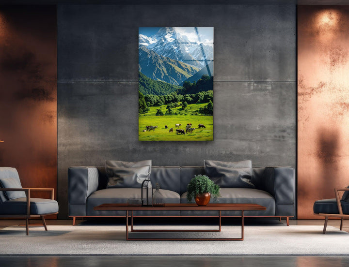 A mesmerizing nature-inspired artwork showcasing a lush valley and high-altitude snow-capped mountains.
