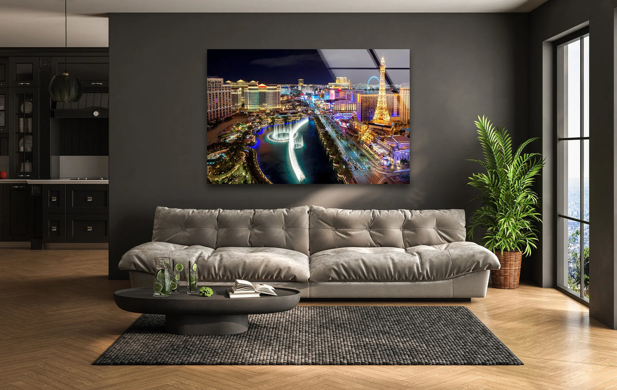 High-gloss finish enhances the vibrant art from glass of the Las Vegas skyline glass wall art, depicting the illuminated strip at night.