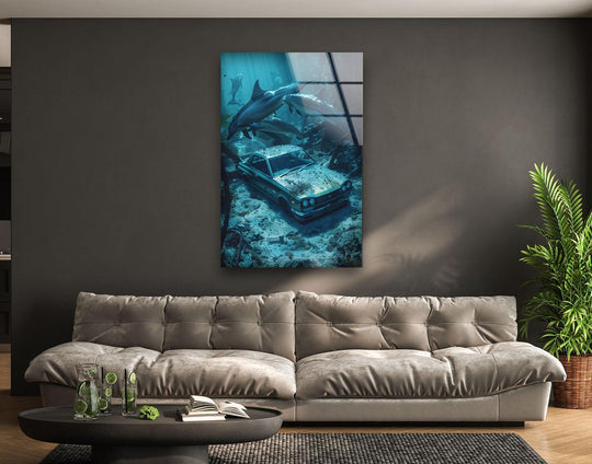 The glass wall art features an underwater scene with dolphins and a Nissan Skyline car wreck and is automotive themed and makes unique ocean wall decor