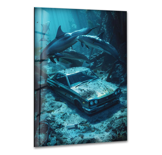 The glass wall art features a Nissan Skyline underwater with dolphins blue hues and a cool automotive marine fusion scene perfect for ocean wall art lovers