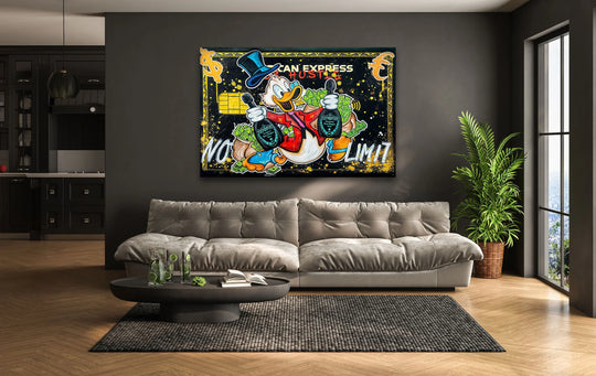 Recurring currency symbols and the playful repetition of the duck figure in this unique modern wall decor create a dynamic, visual rhythm in the No Limit Glass Wall Art.