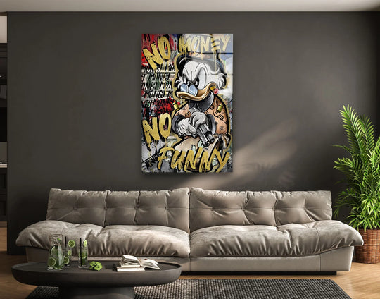 Light and shadow define the edges and glossy surface of this No Money Duck art from glass, creating a modern, vibrant effect on the glass wall art.