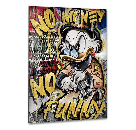 Rectangular No Money Duck glass wall art features geometric patterns and bold lines that accentuate the decorative wall art and urban feel of this cool image.