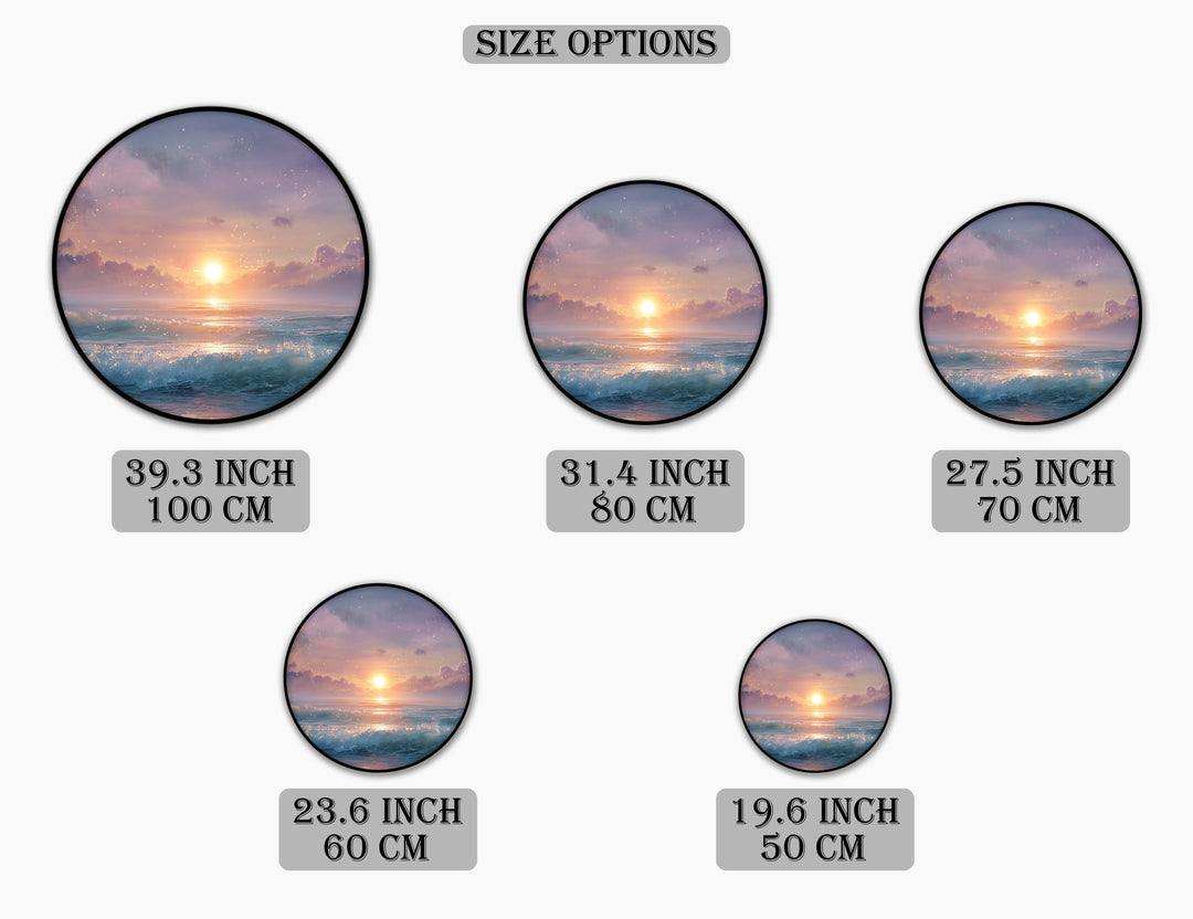 Toile ronde « Coucher de soleil onirique et scintillant sur l'océan » –Décoration murale représentant un paysage marin magique