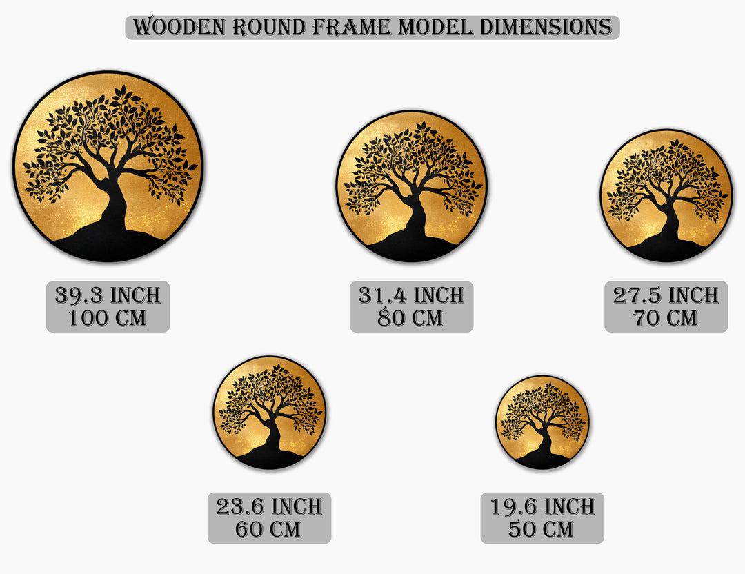 Golden Serenity – Silhouette di albero rotonda Quadro a Olio su legno