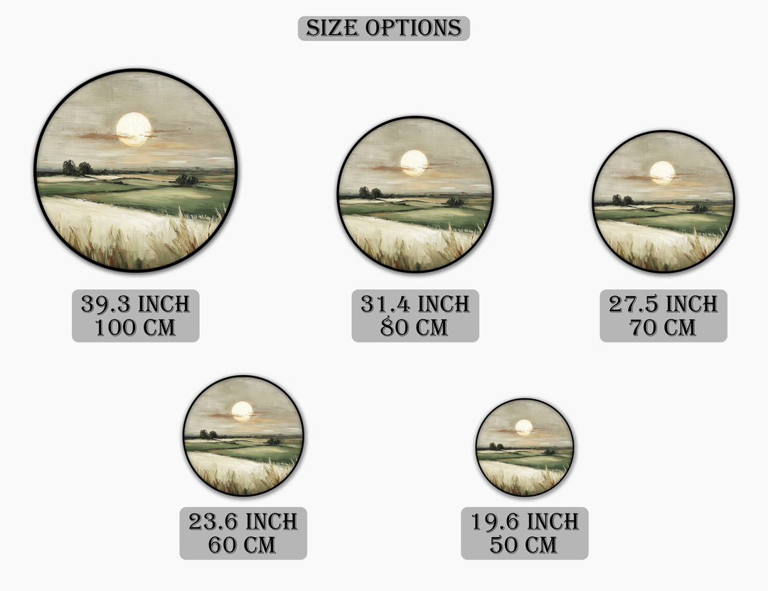 Golden Horizon Countryside Landscape Round Canvas Print – Serene Field Wall Art