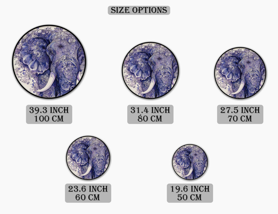 Intricate Blue Elephant Illustration Round Canvas Print – Artistic Wildlife Wall Art