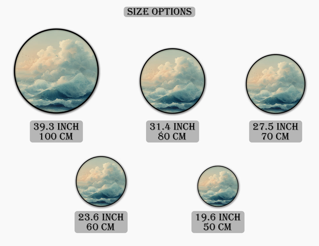 Serene Ocean Waves and Soft Clouds Round Canvas Print – Tranquil Seascape Wall Art