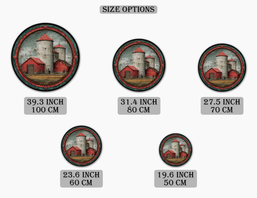 Rustic Red Barn and Silos Landscape Round Canvas Print – Vintage Farm Wall Art