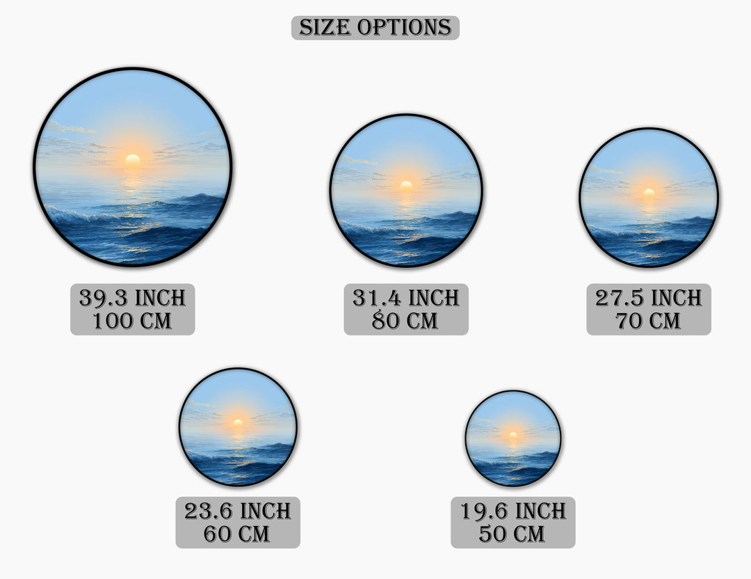 Minimalist Ocean Sunrise Round Canvas Print – Calm Blue Seascape Wall Art