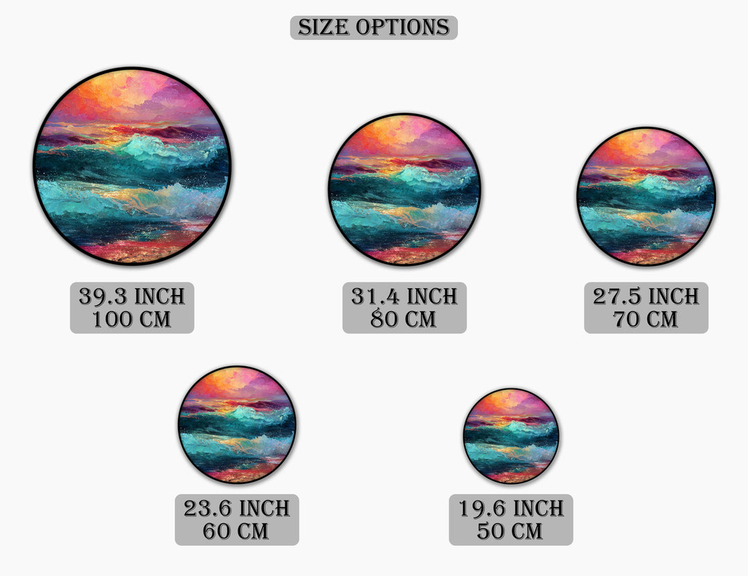 Impression sur toile ronde « Vagues au coucher du soleil éclatantes » –Décoration murale Océan coloré
