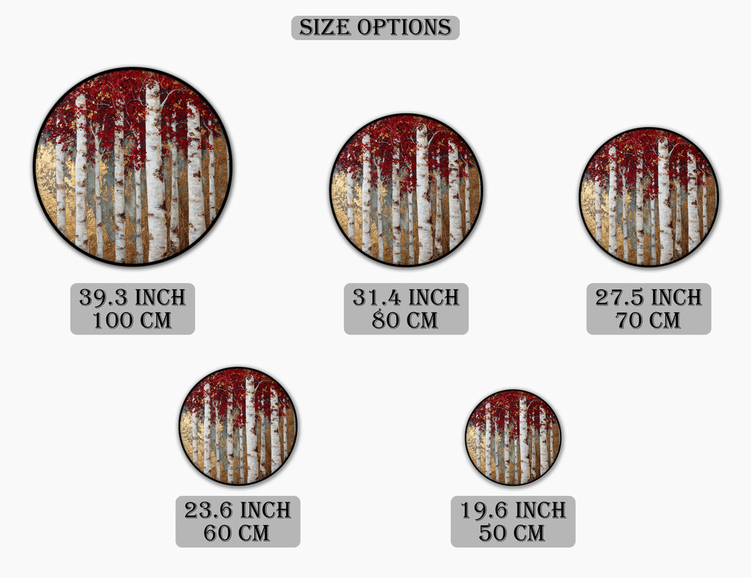 Golden Birch Forest Round Canvas Print – Red Leaves Nature Wall Art