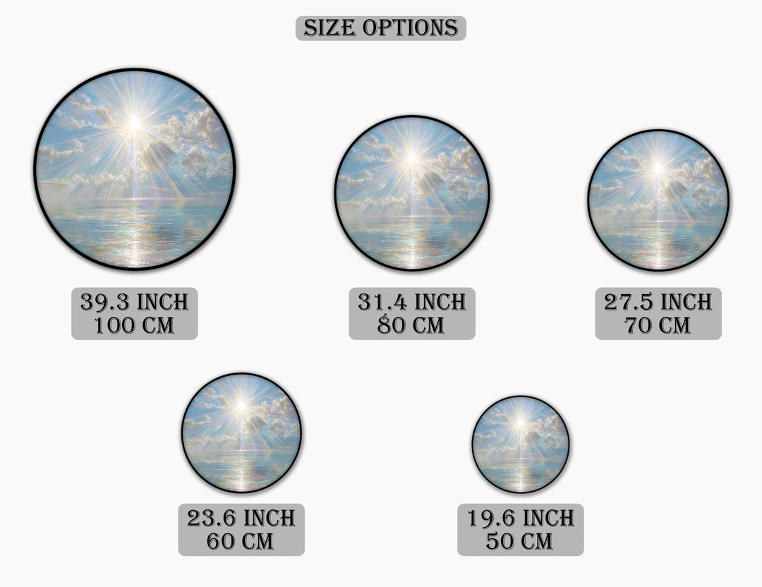 Celestial Sun Rays Over Calm Sea Round Canvas Print – Luminous Ocean Wall Art